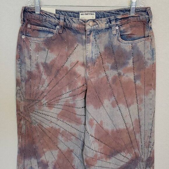Free People We The Free Aurora Mid Rise Jeweled Tie Dye Straight Jeans 31 - Picture 4 of 9